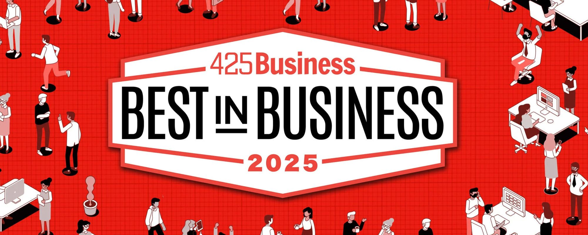 A red graphic with the text “425 Business BEST IN BUSINESS 2025” in the center, featuring illustrated people networking, working, and using devices in an office-like setting—highlighting MP Bank’s dynamic presence.