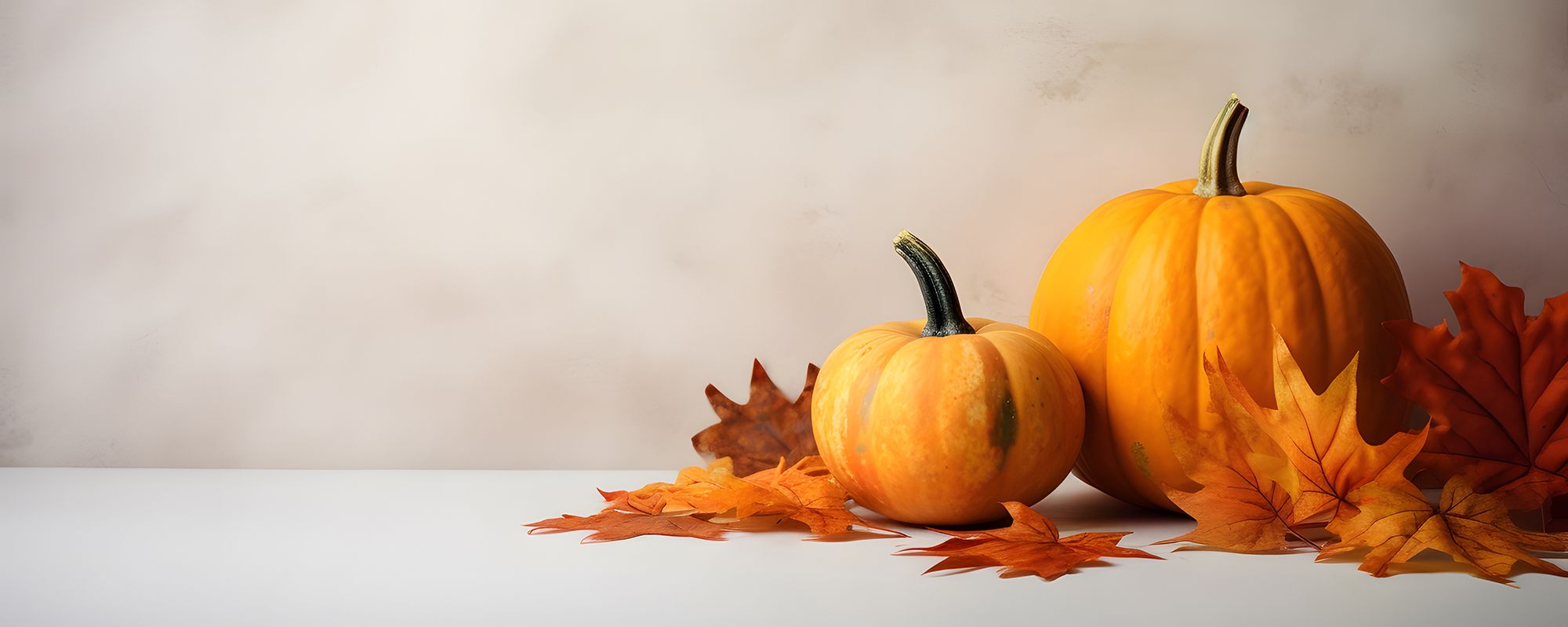 Two orange pumpkins and several scattered autumn leaves rest on a white surface against a light, neutral background—capturing the welcoming spirit of fall at MP Bank.